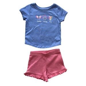Baby Girl 2-Piece Outfit 6–9M Blue Graphic Tee & Pink Ruffle Shorts